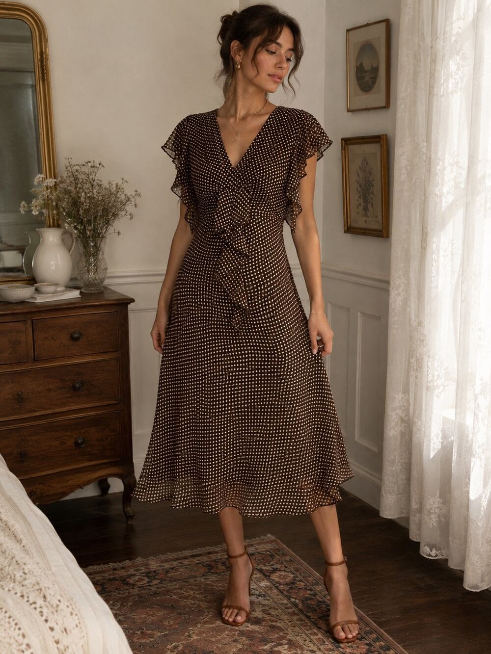 VTG Y2K Babydoll Brown Polka Dot Ruffle ChiffonFlutter Sleeve Midi Dress 6 Retro